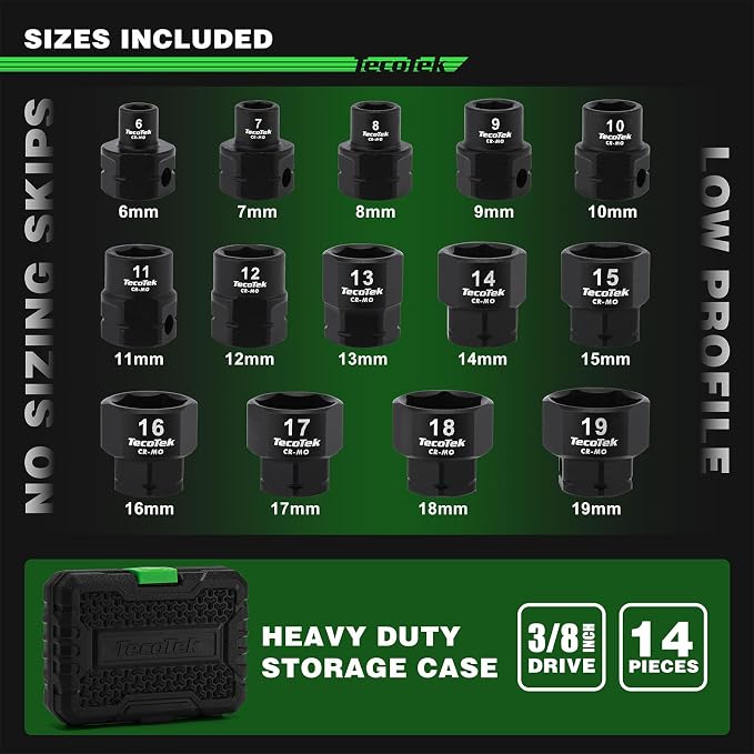 TecoTek 14-Piece 3/8-Inch Drive Metric Low Profile Impact Socket Set, Stubby Socket Set, 6mm-19mm, No Skips Sizes, 6 Point, Cr-Mo, Shorter Socket for Tight Areas