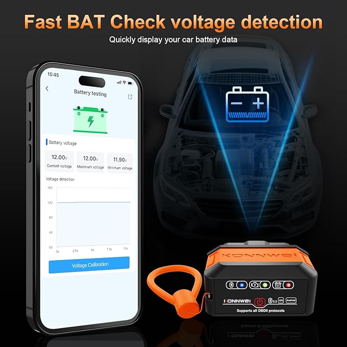 KONNWEI KW906 OBD2 Scanner Bluetooth 5.0 Car Diagnostic Tool – OBDII Code Reader Check Engine Light, Real-Time Data, Free MAXOBD App for iOS & Android, 12V Vehicle Engine Fault Scanner