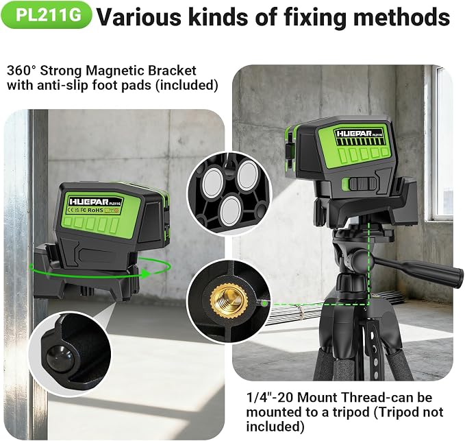 HUEPAR 2 Point and Cross Line Self Leveling Laser Alignment Tool with Plus Mode (98-165Ft), Laser Level & 2 Plumb Dots with 360° Magnetic Base Includes 2 AA Batteries & Hard Carrying Case - PL211G