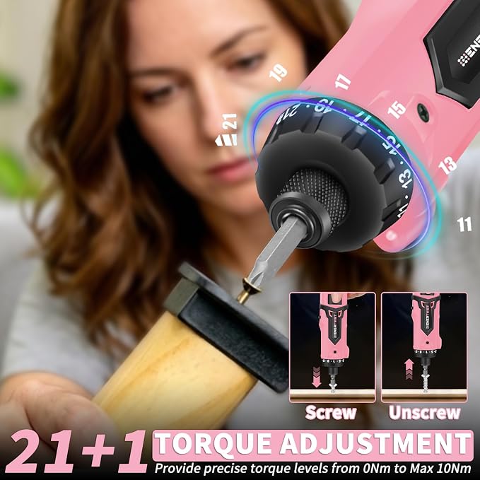 Enertwist Electric Screwdriver, 8V Max 10Nm Pink Cordless Screwdriver Rechargeable Set with 9 Accessory Kit, 21+1 Cluth, Dual Position Handle, LED Light