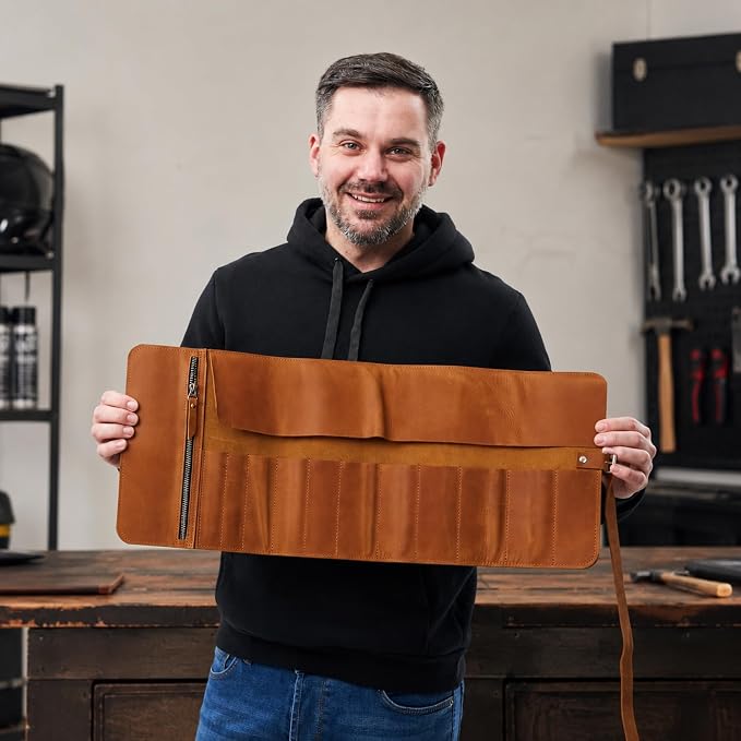 Genuine Leather Tool Roll – Compact Roll-Up Tool Organizer with Multiple Pockets for Wrenches, Screwdrivers & Pliers – Portable Leather Tool Storage Case, Warm Brown (Tools Not Included)