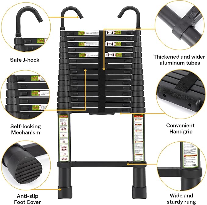 RIKADE Telescopic Ladder, 20.3 ft Aluminum Telescoping Ladder with Stable Hook and Non-Slip Feet, Portable Extension Ladder for Household and Outdoor Working, Max Load 330 lb, Black