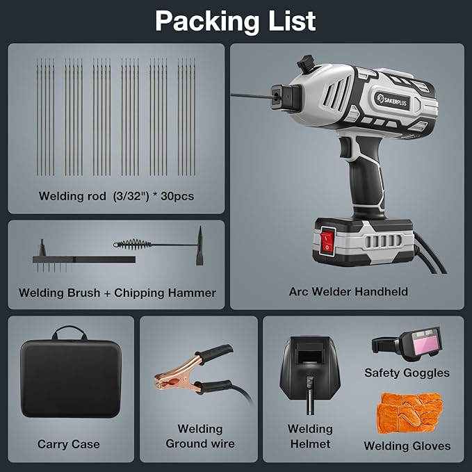 Sakerplus Portable Welding Machine, Handheld Welder Machine 110V, ARC Portable Welder with IGBT Inverter 5 Variable Current Adjustment, 30pcs 3/32" Wire Rods, Welding Helmet, Carring Case Included