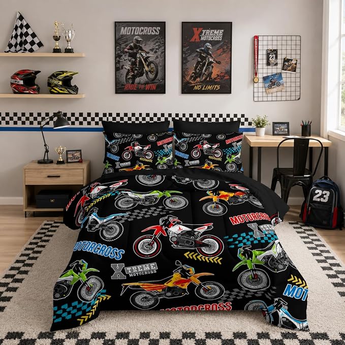 Dirt Bike Comforter Set Queen Size for Kids,Various Motocross Printed Sheet Set for Boys Teens Room Decor,7Pcs Extreme Sports Themed Bedding with Comforter,Fitted Sheet,Flat Sheet,Pillowcases.