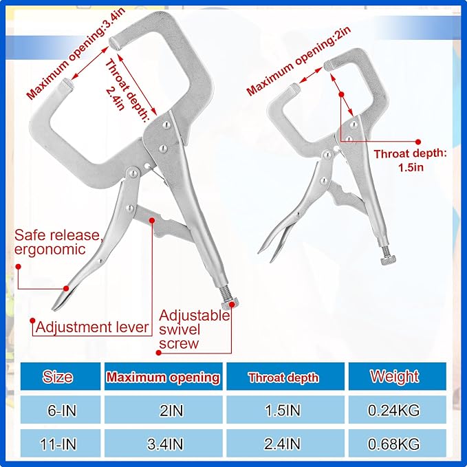 Yexiya 8 Pack 11 Inch 6 Inch Locking C Clamp Locking Pliers Adjustable Welding Clamp Heavy Duty Alloy Steel with Regular Tip for Woodworking Shop Home Farm