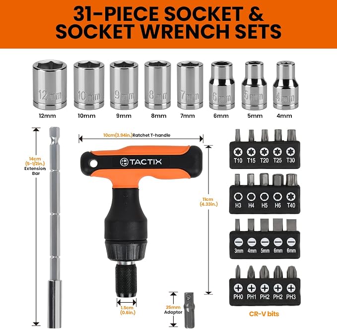Tactix 31-Piece Magnetic T-Handle Ratchet Wrench and Screwdriver Set with Storage Case, Ratchet Screwdriver with Quick Release for Home & Garage