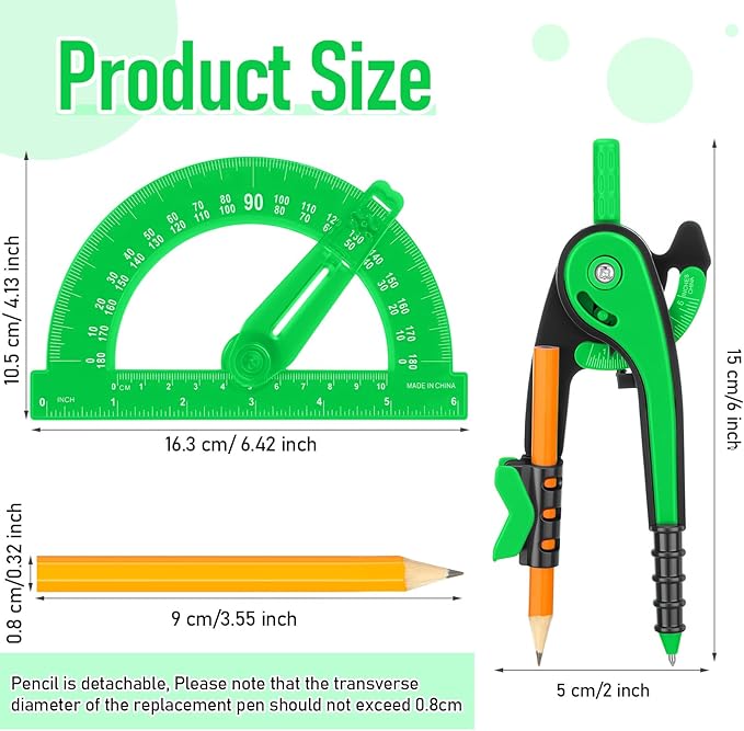 Zonon Student Protractor and Compass Set, Student Geometry Math Set Drawing Compass and 180 Degree 6 Inch Protractor with Swing Arm for Drawing Measuring School Office(Green)
