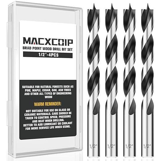 Brad Point Wood Drill Bit Set, 4Pcs 1/2" Drill Bit Set with Double Flutes Design for Carpenter Woodworking and All Types of Wood