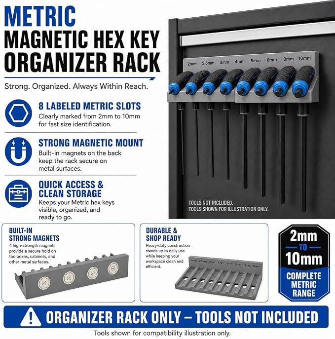 Magnetic T-Handle Hex Key Organizer Rack – Tool Holder for Harbor Freight ICON Style T Handle Wrenches – sae/metric/torx Storage Options (metric)