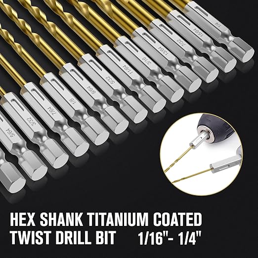 Drill Bit Set, 19Pcs Hex Shank Titanium Twist Drill Bit for Sheet Metal, Wood, Plastic, Quick Change Design (1/16" - 1/4")