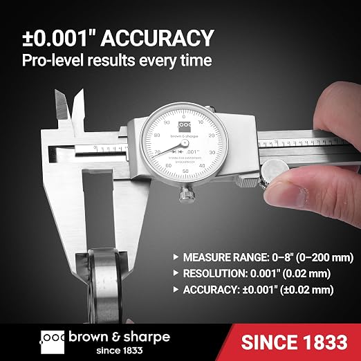 TESA Brown & Sharpe 599-579-8-1 Stainless Steel Dial Caliper, White Face, 0"-8" Range, +/-0.001" Accuracy, 0.001" Resolution, Meets DIN 862 Specifications