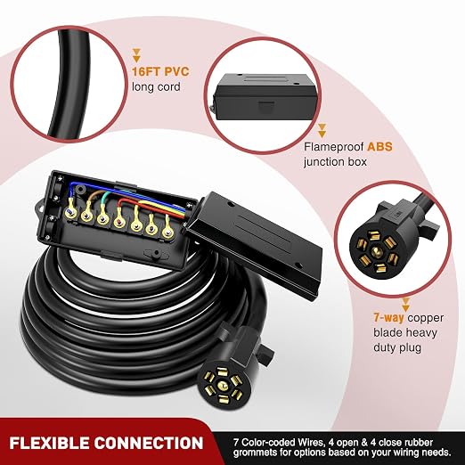 Nilight Heavy Duty 7 Way Inline Trailer Plug with 7 Gang Junction Box | Weatherproof 16 Feet Connector Cable Wiring Extension Harness Suitable for RV Automotives Cars