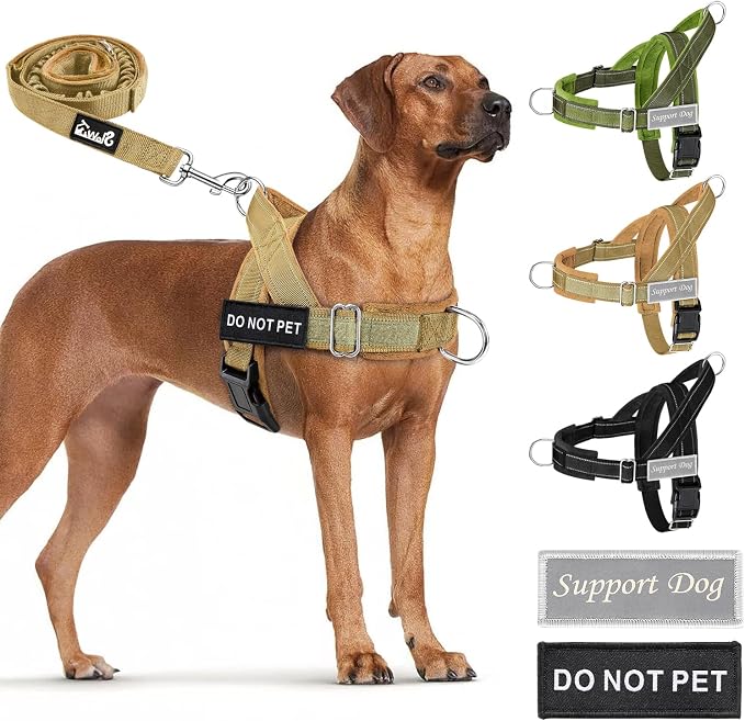 SlowTon No Pull Dog Harness with Front Clip - Heavy Duty, Soft Padded | Neck & Chest Adjustable, Tactical Pet Vest and Leash Set for Large Medium Sized Dogs, for Easy Walk & Training, Tan M