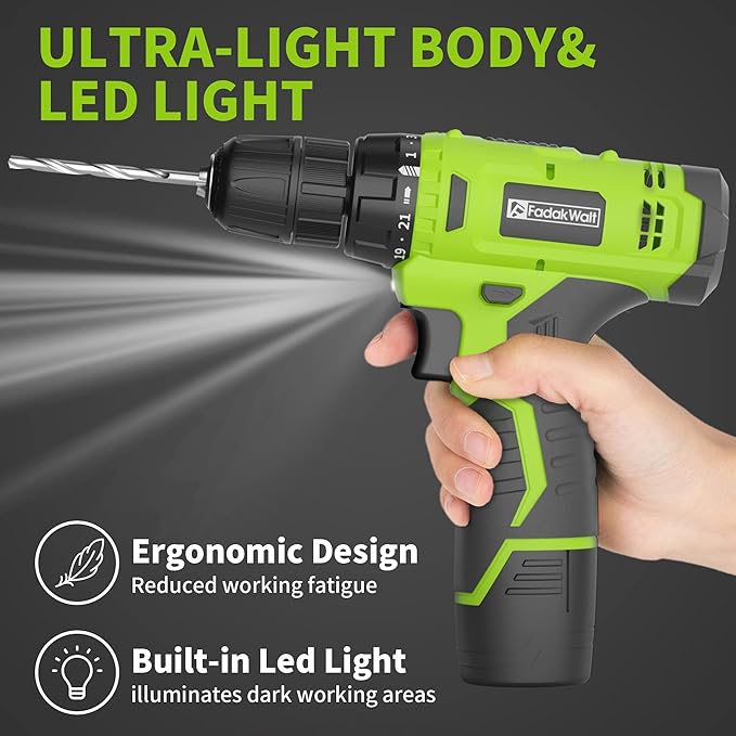 FADAKWALT Cordless Drill Set,12V Power Drill Set with Battery and Charger, Electric Driver/Drill Bits, 3/8'' Keyless Chuck,21+1 Torque Setting, 180 inch-lbs, with LED Electric Drill Set (Green)