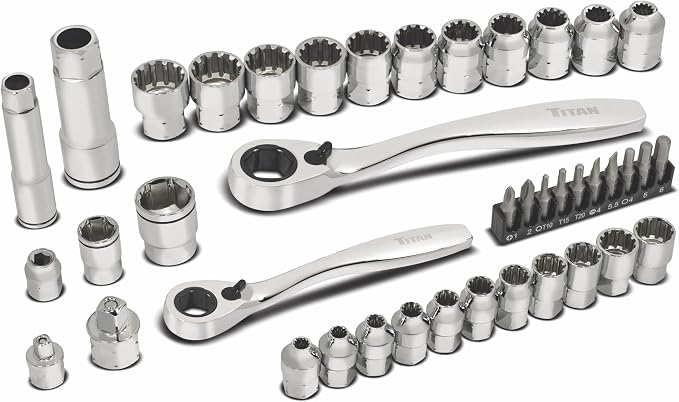 Titan 17441 1/4-Inch & 3/8-Inch Drive 41-Piece ExoDrive Pass-Through Ratchet and Socket Set, Pass-Thru Mechanics Tool Set