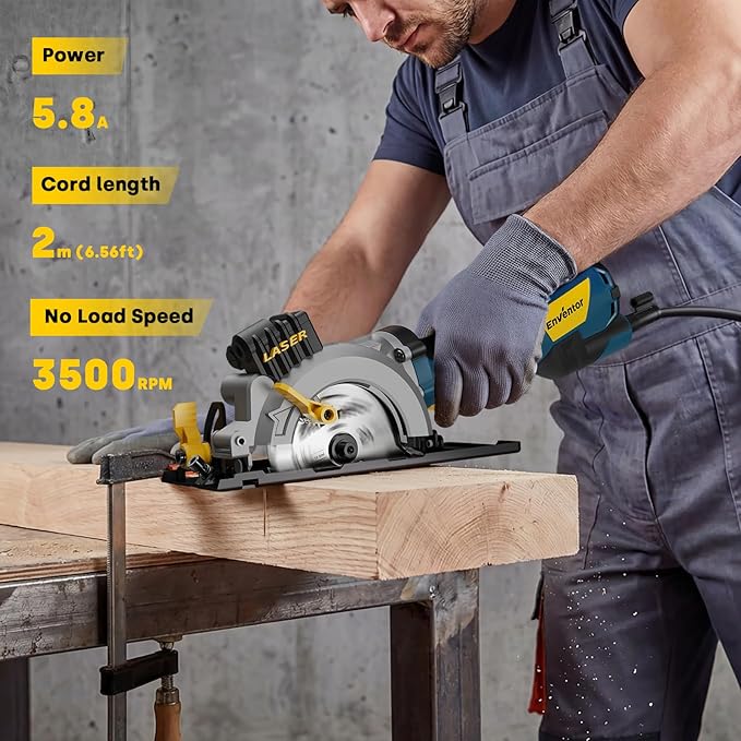 Enventor Mini Circular Saw, 5.8A 4-1/2" Electric Circular Saws with 6 Saw Blades, Laser Guide, 3,500RPM Max Cutting Depth 1-11/16"(90°), 1-1/8"(45°) for Soft Metal, Wood, Tile Cutting