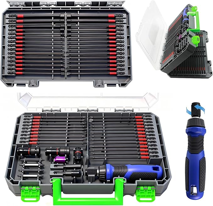 63-Pcs Impact Screwdriver Bits Set, Magnetic S2 Steel Phillips/Square/Torx/Hex Insert Power Bits Tips Screw Extractor Set with Bit Magnetizer, Quick Release Extension and Ratchet Screwdriver Handle