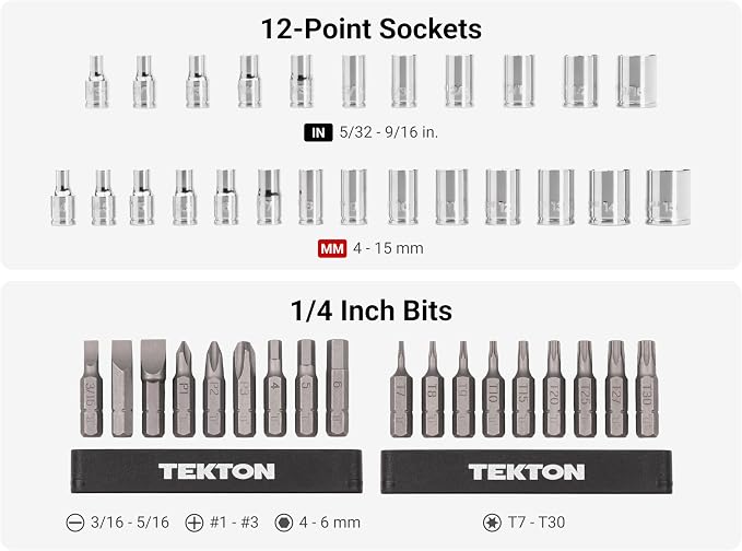 TEKTON 1/4 Inch Drive 12-Point Small Engine Shallow Socket, Bit, and Quick Release Ratchet Set with Case (50-Piece) | SKT07906 | (5/32 - 9/16 in., 4 - 15 mm, Phillips #1 - 3, Slotted 3/16 - 5/16 in., T7 - T30), Shallow, Zipper Case, Custom Foam