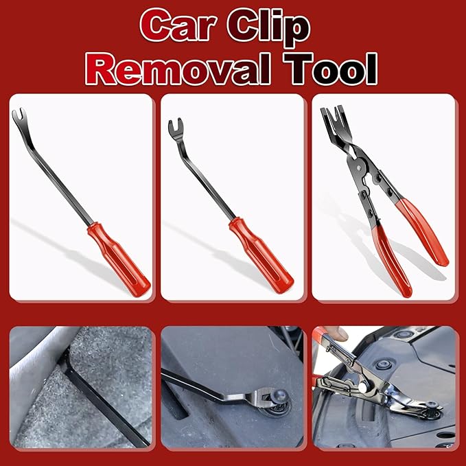 Keze 7 Pcs Auto Trim Removal Tool Kit for Car Panel Dashboard Door Clips and Upholstery with Plastic Pry Tool & Clip Pliers – No Scratch Design Professional Automotive Repair Tools Set, Red