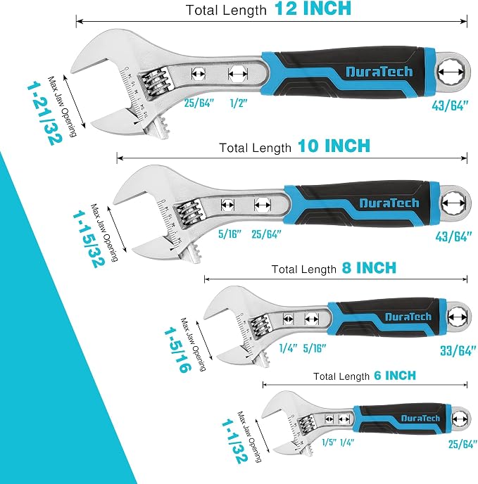DURATECH 4-Piece Adjustable Wrench Set, 6-inch, 8-inch, 10-inch, 12-inch | 3-in-1 Spanner with Box End, Hex Function, CR-V Steel, Chrome-plated, Bi-material Soft Grip, Rolling Bag