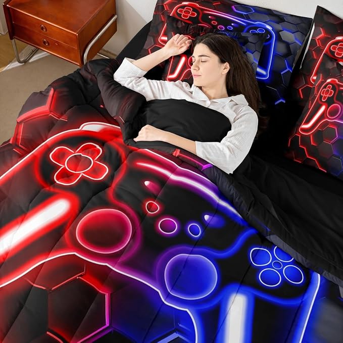 Erosebridal Gaming King Size Comforter Set with Sheets, Neon Honeycomb Gamer 7 Piece Bedding Set Retro Game Console Bed in a Bag, Red Blue Hexagon Lights Room Decor,Gaming Decor for Boys Bedroom