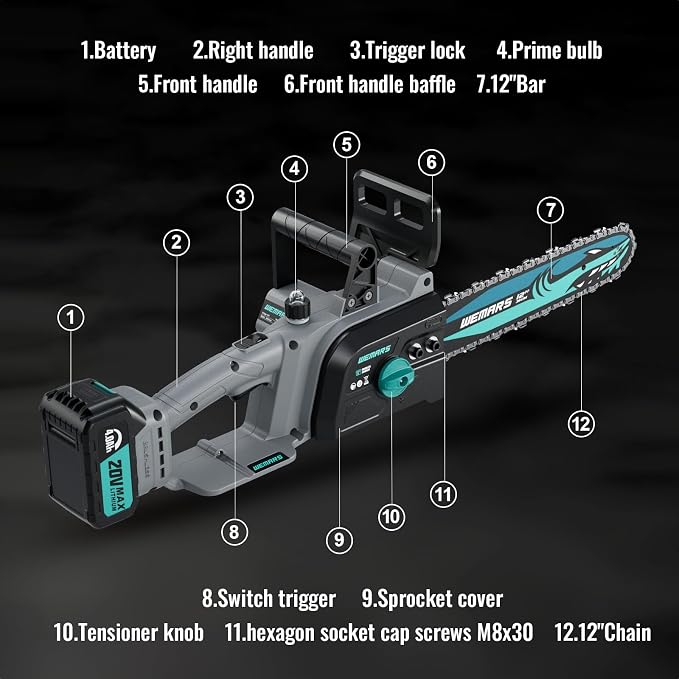 WEMARS 20V Brushles Cordless Chainsaw 12-Inch Lightweight Battery Powered Chainsaws Compact Pruning Electric Chainsaw 4.0AH Lithium-ion 2 Kit-Batteries for Wood Cutting,Garden Tree,Branch Pruning