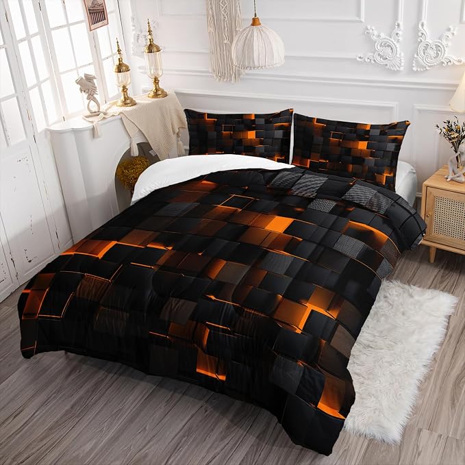 Nttopship Geometric Yellow Black Comforter Set,Light Honeycomb 3 Piece Bedding Set Full Size for Teen Boys,Modern Quilt Set Geometry Decor,Microfiber Lightweight 1 Comforter 2 Pillowcases All Season