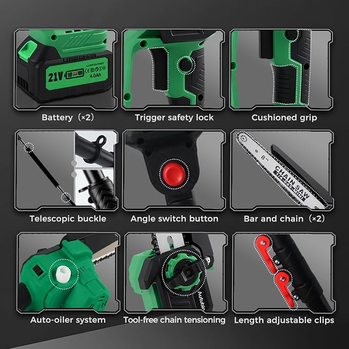 2-in-1 Electric Pole Saw for Tree Trimming,1200W Brushless Cordless Pole Saw & 8 Inch Mini Chainsaw with 2 x 4.0Ah 21V Batteries,16 FT Max Reach & Multi-Angle, Tree Trimmer for Branch Cutting.