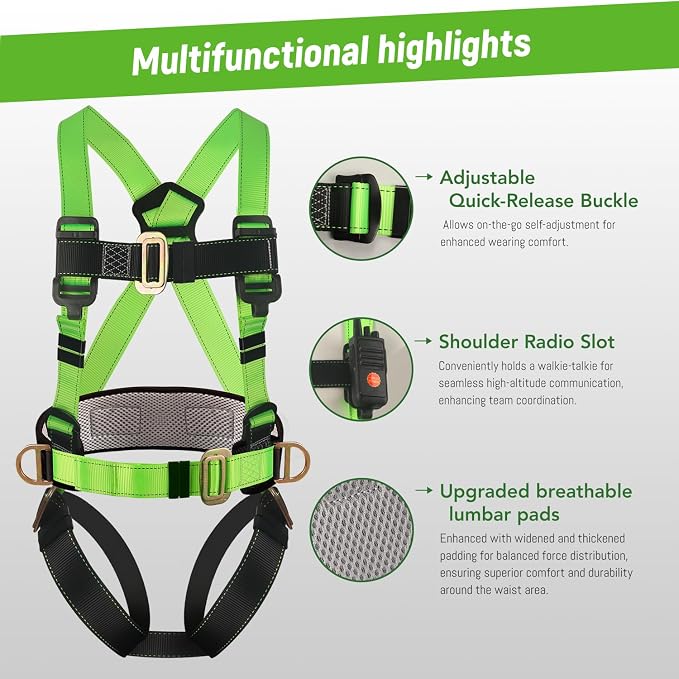 Safety harness fall protection kit, equipped with shock-absorbing ropes, full-body safety harness for roof work