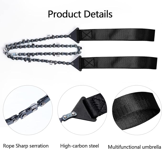 Sucrain Pocket Chainsaw with Paracord Handle, Folding Chain Hand Saw, Emergency Outdoor Survival Gear for Camping, Hunting, Hiking, Cutting Wood & Tree (Black, 11 Teeth, 24'' Long)