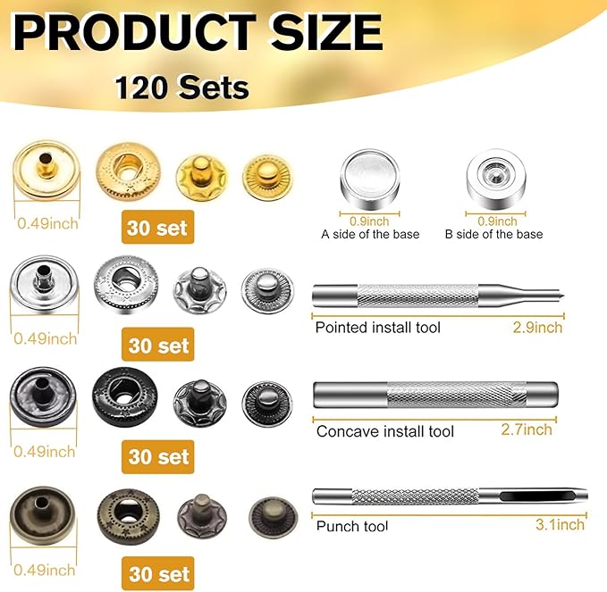 120 Sets Metal Snap Buttons, NXTOV 12.5mm Leather Snap Fasteners Kit with 5 Pieces Fixing Tools, 4 Colors Craft Snaps for Clothes, Windbreaker, Shirts, Jacket, Backpacks, Wallet,Bags