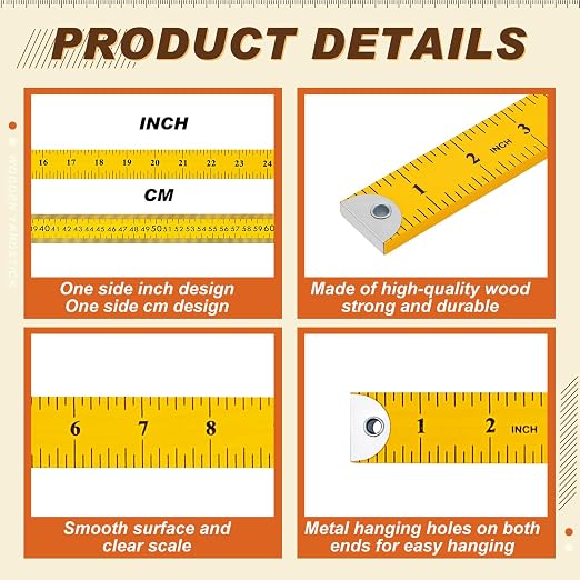 Hoteam 5 Pcs Heavy Duty Wooden Yardstick 36 Inches Natural Wood Yard Stick Ruler with Hang Hole Metal Tips 1/4-Inch-Thick Yardstick Ruler Metal Ends Meter Stick Clothing Measuring (Yellow)
