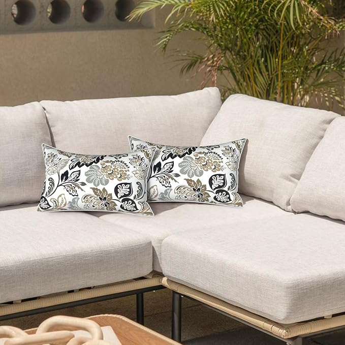 LVTXIII Set of 2 Outdoor Lumbar Pillows for Patio Furniture with White Piping, 12"x20" Fade Resistant Patio Lumbar Pillows with Inserts for Home Coach Sofa Use, Dailey Tan