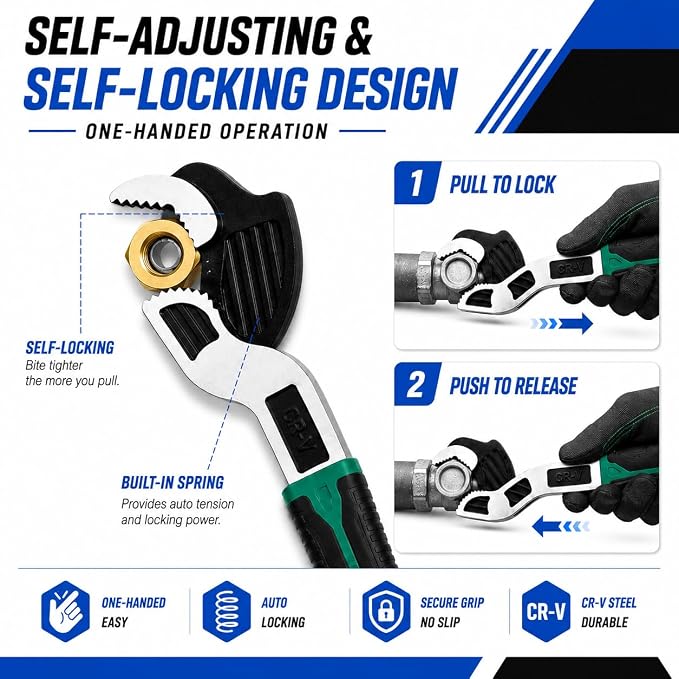 4-Piece Self-Adjusting Pipe Wrench Set with Case, 6, 8, 10 and 12 Inch CR-V Steel Self-Locking Plumbing Wrenches, 0.28-1.38 Inch (7-35 mm) Jaw Capacity for Pipes, Fittings and Nuts