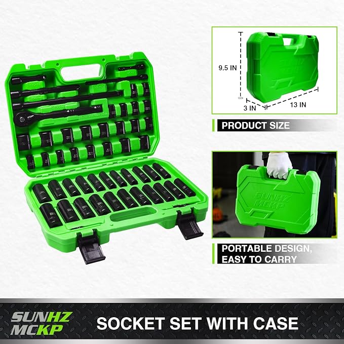 SUNHZMCKP 3/8 Impact Socket Set, 52 Piece Shallow & Deep 6 Point Sockets | SAE (5/16-3/4 inch) and Metric (8-22mm) 3/8 Socket Set, 3/8 Ratchet Handle, Extension Bars, Adapters, Universal Joint, CR-V