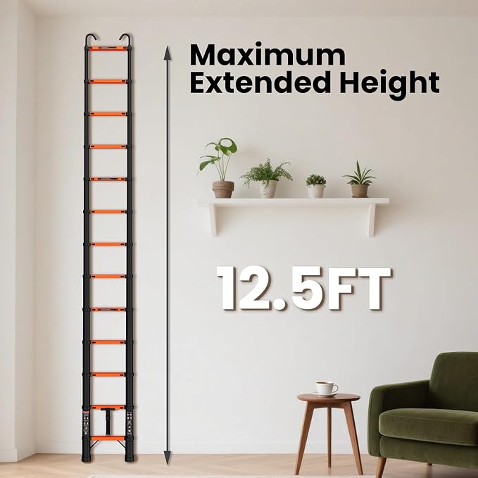 SINMEIRUN Telescoping Ladder, 12.5 FT, Hooks, Aluminum Extension Ladder, 330 lbs Capacity, Collapsible Multi-Purpose Ladder for Home, Roof and RV; Orange