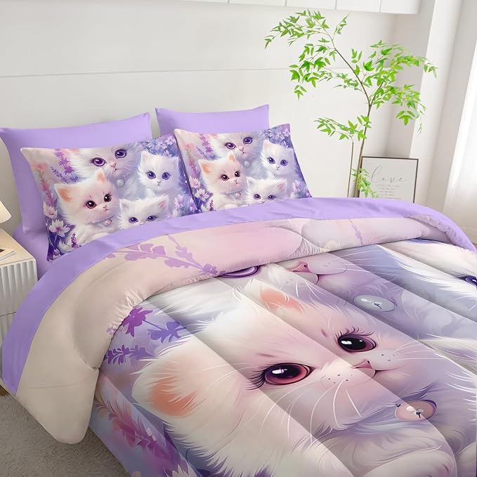 Cat Bedding 7 Piece Comforter Set King Size,Cute Animal Themed Bed Set for Girls Room Decor,Kids Bedding with 1 Comforter,1 Flat Sheet,1 Fitted Sheet,4 Pillowcases.