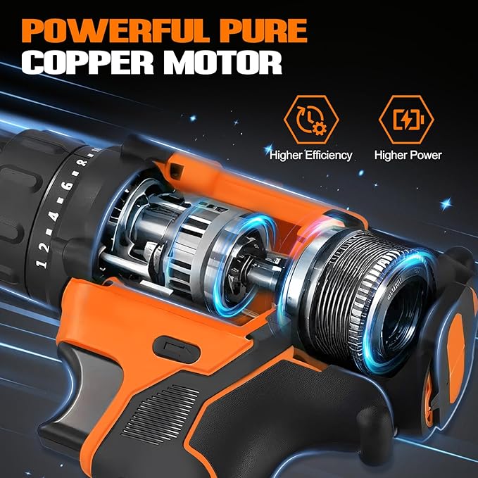 WORKBLESS 21V Power Drill Set, Cordless Drill with Batteries and Charger, 3/8'' Keyless Chuck, Variable Speed, 18+1 Torque Setting and 28pcs Bits Tool Set(Orange, 2 Batteries)