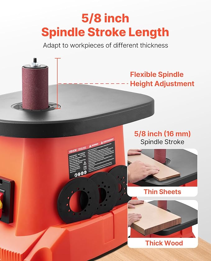 VEVOR Oscillating Spindle Sander, 2400RPM Benchtop Spindle Sander with 6 Sleeves (1/2"-3"), 5/8" Stroke, 15.6" x 11.6" Cast Iron Worktable for Furniture Finishing, Crafts Sanding, DIY Woodworking