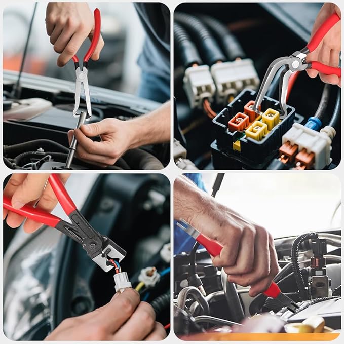Automotive Electrical Disconnect Pliers Set with Storage Box, 4-Piece Connector Separator & Terminal Removal Tool for Mass Air Flow Sensors, Fuel Injectors, Straight & 60° Jaw
