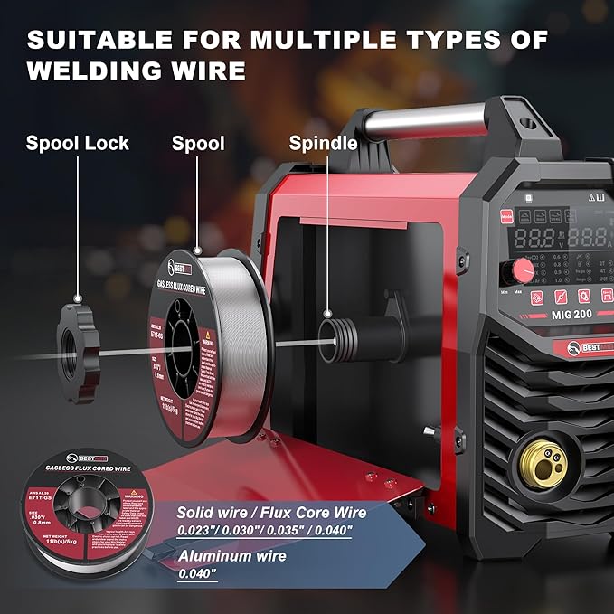 BESTMIG 200A MIG Welder - 6-in-1 IGBT Inverter Welding Machine, Gas/Gasless Flux Core, Stick, Lift TIG, Spot & Spool Gun - Portable 110V/220V Equipment