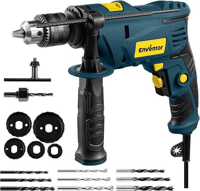 Enventor 7.5 Amp Hammer Drill, 1/2 Inch Electric Drill Hammer, 900W 0-3000RPM Variable Speed, 360° Auxiliary Handle, Lightweight Corded Hammer & Drill 2 in 1 with 9pcs Bit for Metal, Wood, Blue
