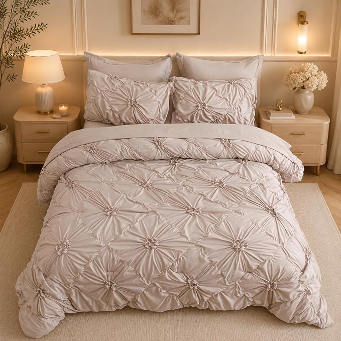 Nttopship Khaki King Comforter Set - 7 Pieces Bed in a Bag, Premium Comforters King Size Bed Set Pintuck Pinch Pleat Complete Comforter Set with Flat Sheet, Fitted Sheet and Pillowcases,Khaki