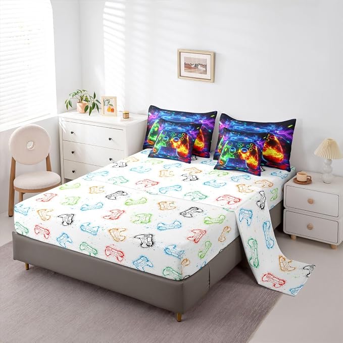 Erosebridal 3D Modern Gamer 7 Piece Comforter Set Full Bed in a Bag | Gamer Controller Bedding Sets Geometric Neon Gaming Comforter and Sheet Set, Video Game Consoles Bed Sets,Boys Room Decor