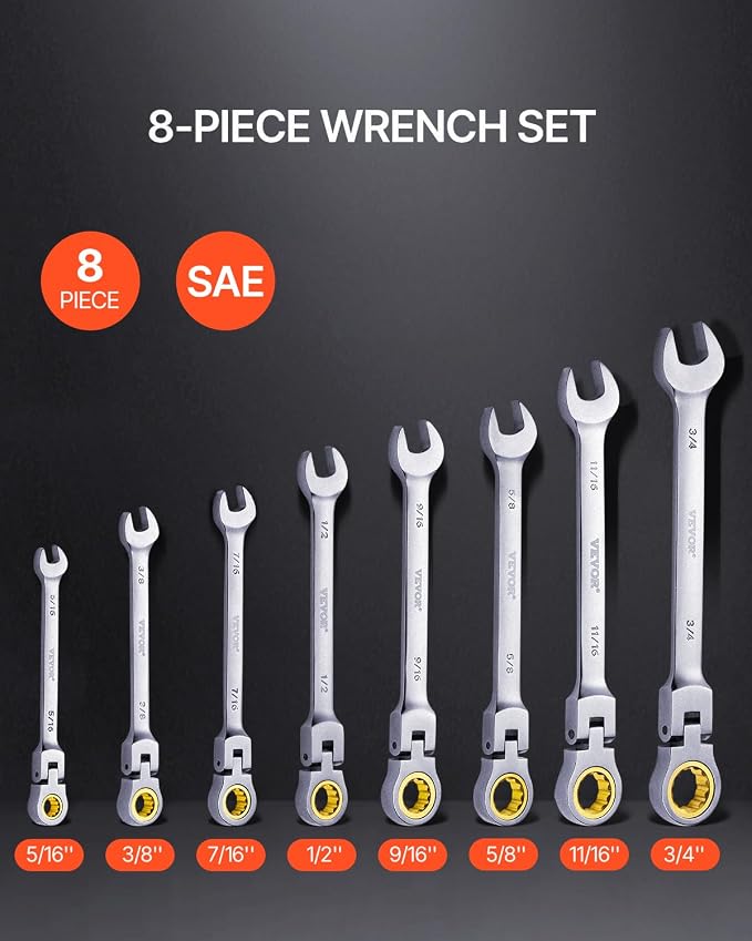 VEVOR Flex-Head Ratcheting Wrench Set, Nickel Plating, 8-piece Flexible Ratcheting Combination Wrench Set with Roll-up Pouch, CR-V, 72 Teeth, SAE 5/16-3/4"
