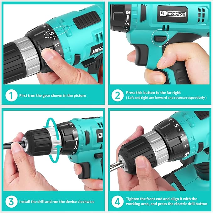 FADAKWALT Cordless Drill Set, 20V Electric Power Drill With Battery And Charger, 30N Torque, 21+1 Settings, 3/8-Inch Keyless Chuck, Driver Bits Kit, LED Light (Turquoise）