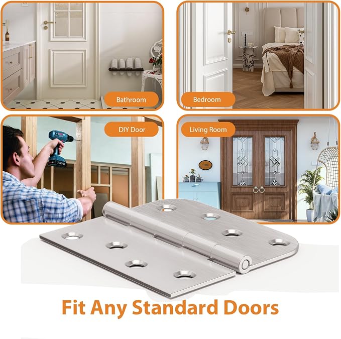 3 Pack Brushed Nickel Door Hinges, 4 Inch Exterior Door Hinges with Square & 5/8" Radius, 4 in Satin Nickel Heavy Duty Residential Front and Back, Removable Pin & No Squeaks