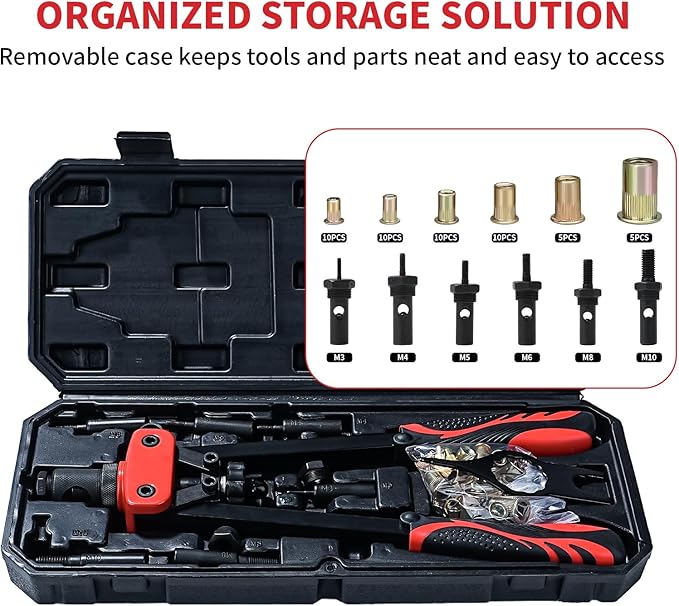 14" Rivet Nut Tool Kit, Professional Rivnut Tool Gun with 6 Metric Mandrels, 50pcs Rivnuts, Heavy-Duty Hand Riveter Set for Automotive & Sheet Metal, with Rugged Storage Case