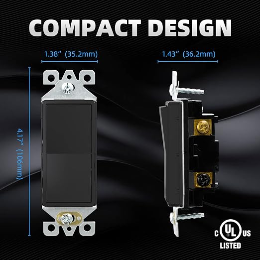 ELEGRP 3 Way Decorative Light Switch, 15Amp, 120-277 Volt, AC Decorator Rocker Paddle Wall Switch Replacement, Self-Grounding, Residential and Commercial Grade, UL Listed (20 Pack, Glossy Black)