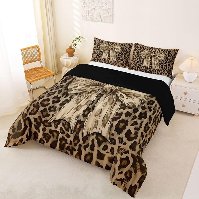 Feelyou Leopard Print Comforter Set Full Size Cute Bow Bedding Set for Kids Boys Girls Cheetah Animal Fur Duvet Quilt Bedroom Decor Microfiber 3 Pcs with 2 Pillow Cases